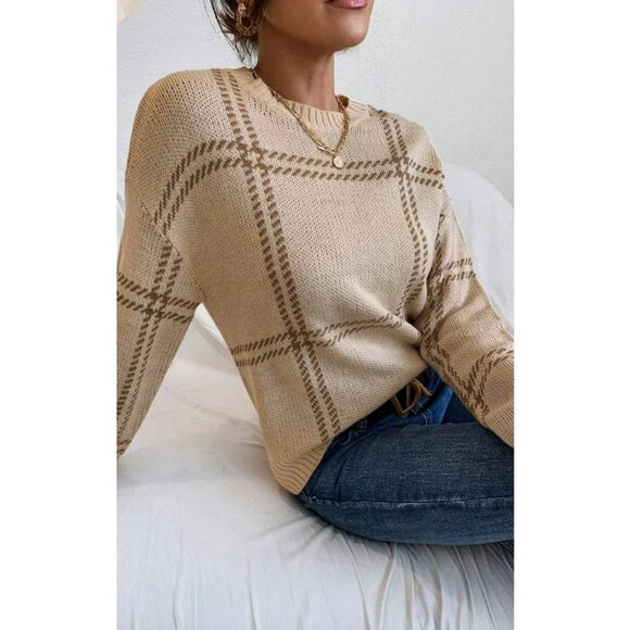 #17 Khaki Plaid Pattern Knitted Drop Shoulder Sweater - Picture 3 of 3